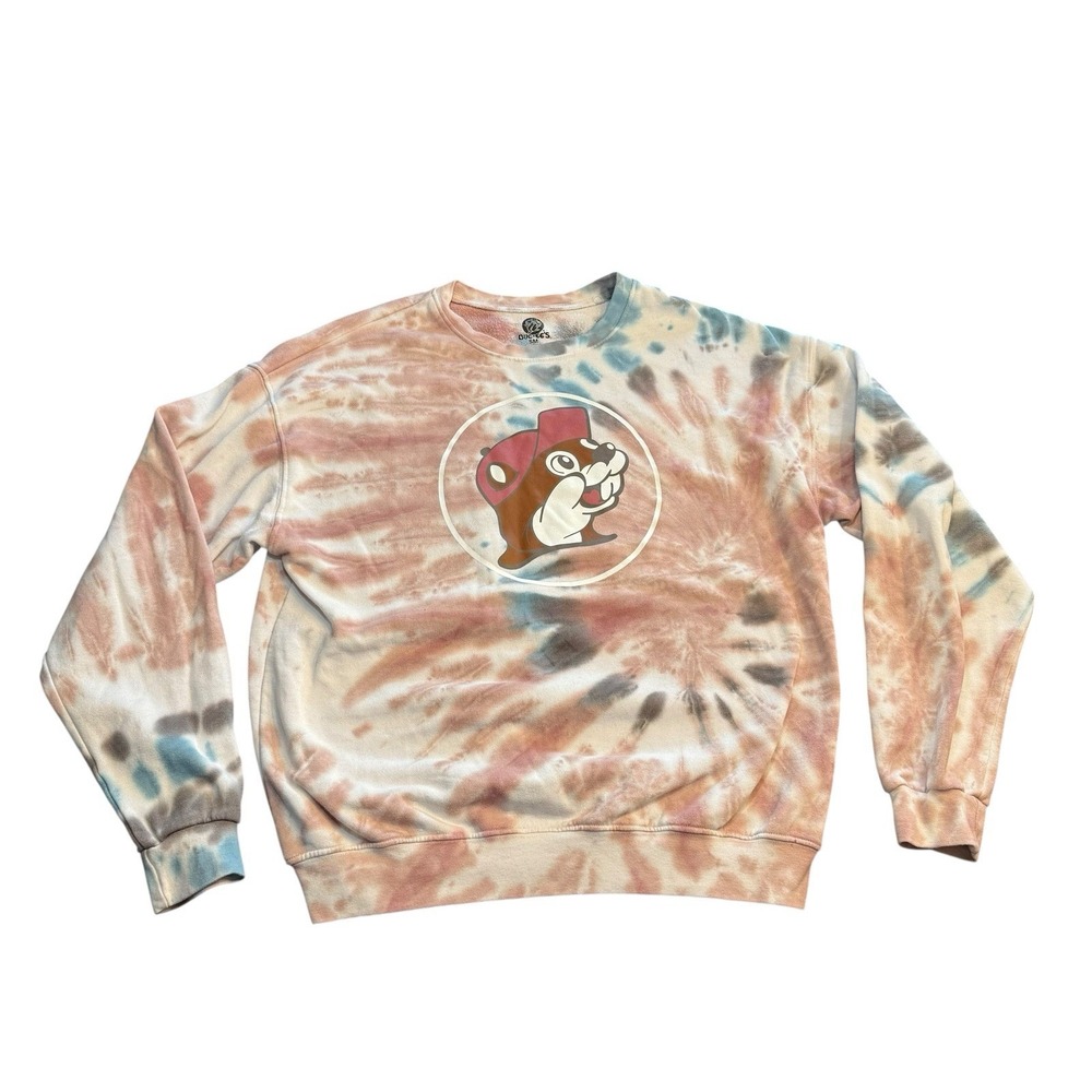 Buc-ees Tie Dye Crewneck Sweatshirt Small Tan Blue Beaver Logo Pullover RN109169